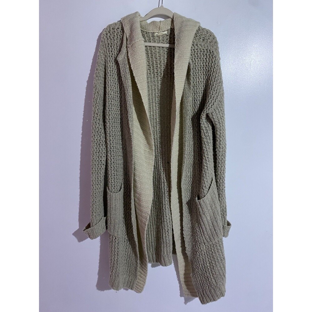 Anthropologie Sleeping On Snow Cardigan M Beige Wool Hooded Cozy Crochet